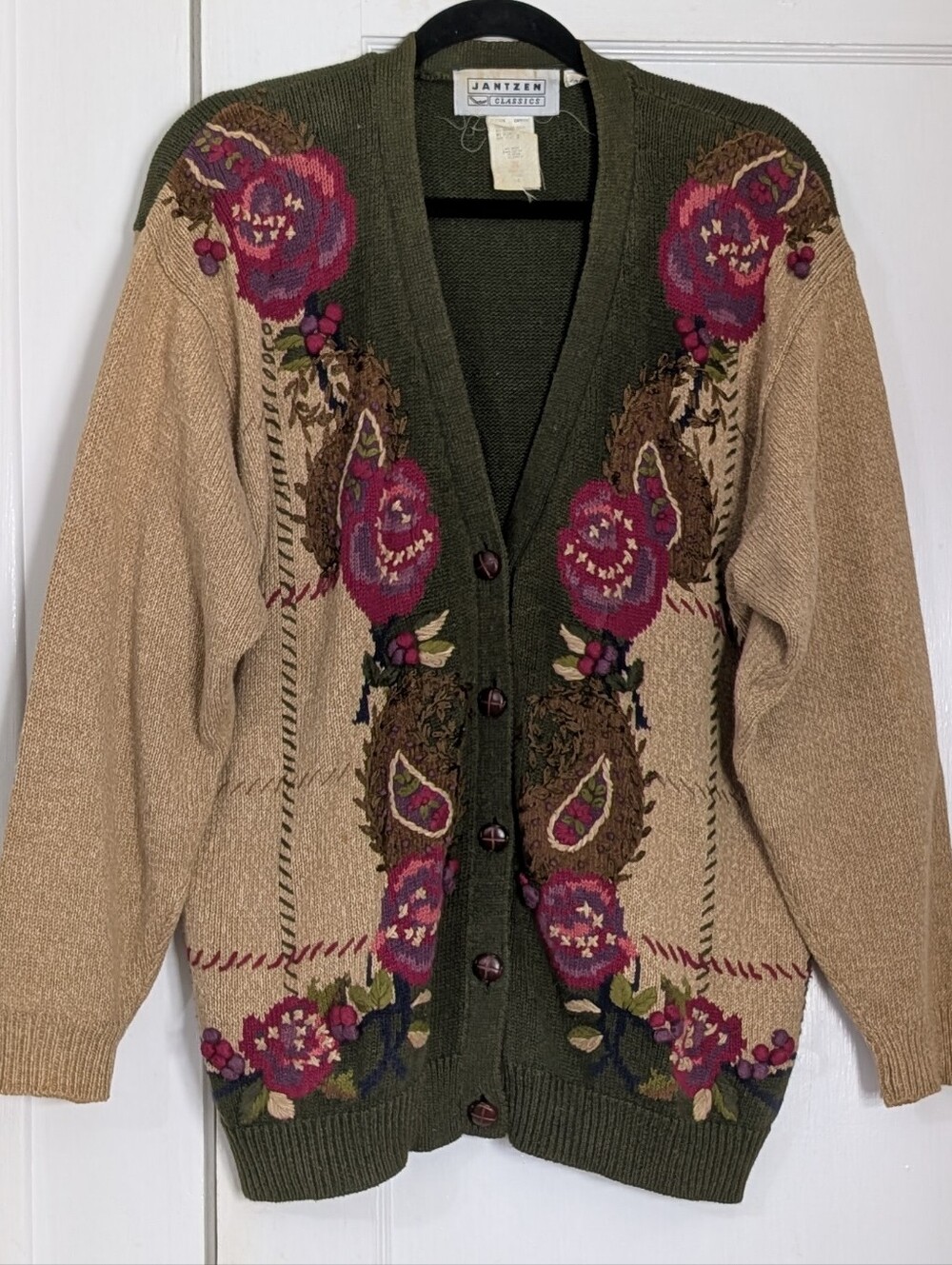 Jantzen Cardigan Sweater Womens L Green Floral Hand Embroidered Knit Cottagecore